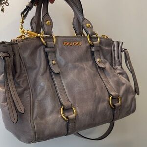 Miu Miu Taupe Leather Satchel with Gold Accents